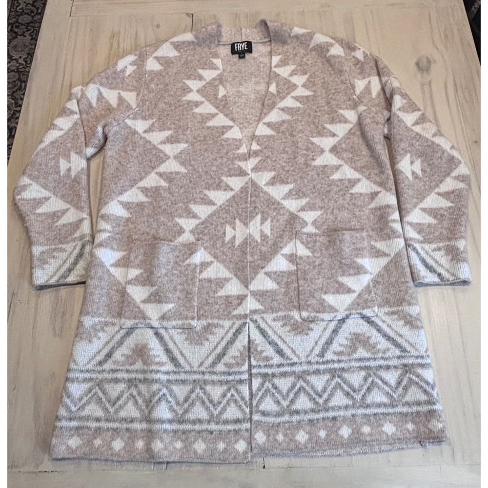 Frye Women's Large Southwestern Aztec Open Front Longline Cardigan Beige Boho